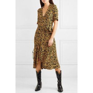 Ganni Goldstone Crepe Midi Wrap Dress Short Sleeve Black Gold Floral 32 …